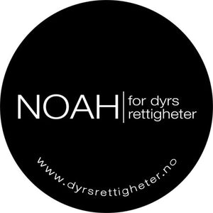 Svart button med logoen "NOAH - for dyrs rettigheter" i hvitt.