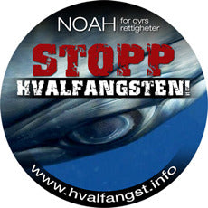 Button med bilde av et hvaløye og teksten: "Stopp hvalfangsten!"