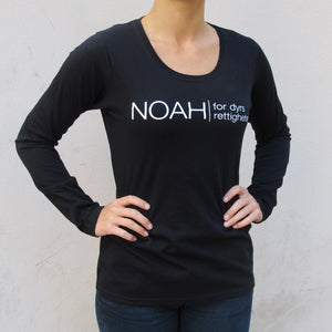 Svart langermet damegenser med logoen "NOAH - for dyrs rettigheter" i hvitt.