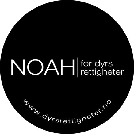 Svart button med logoen "NOAH - for dyrs rettigheter" i hvitt.
