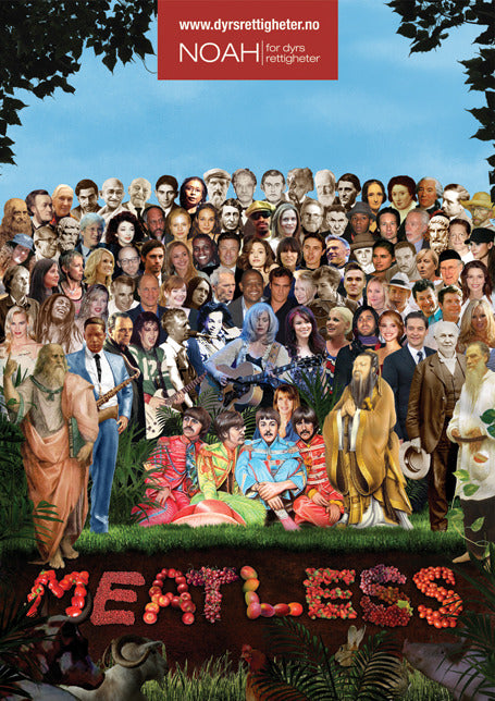Kort med bilde av et hundretalls kjendiser som står sammen i en klynge, og med teksten "Meatless" 