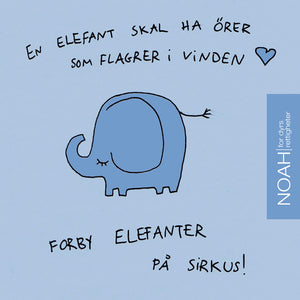 Blått kort med tegning av en elefant og teksten: "En elefant skal ha ører som flagrer i vinden! Forby elefanter på sirkus."